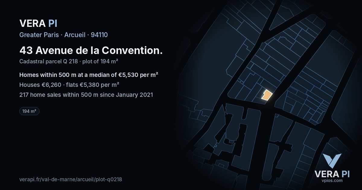 43 Avenue de la Convention, Arcueil at night – the plot lit, the parcels around coloured by the prices near them