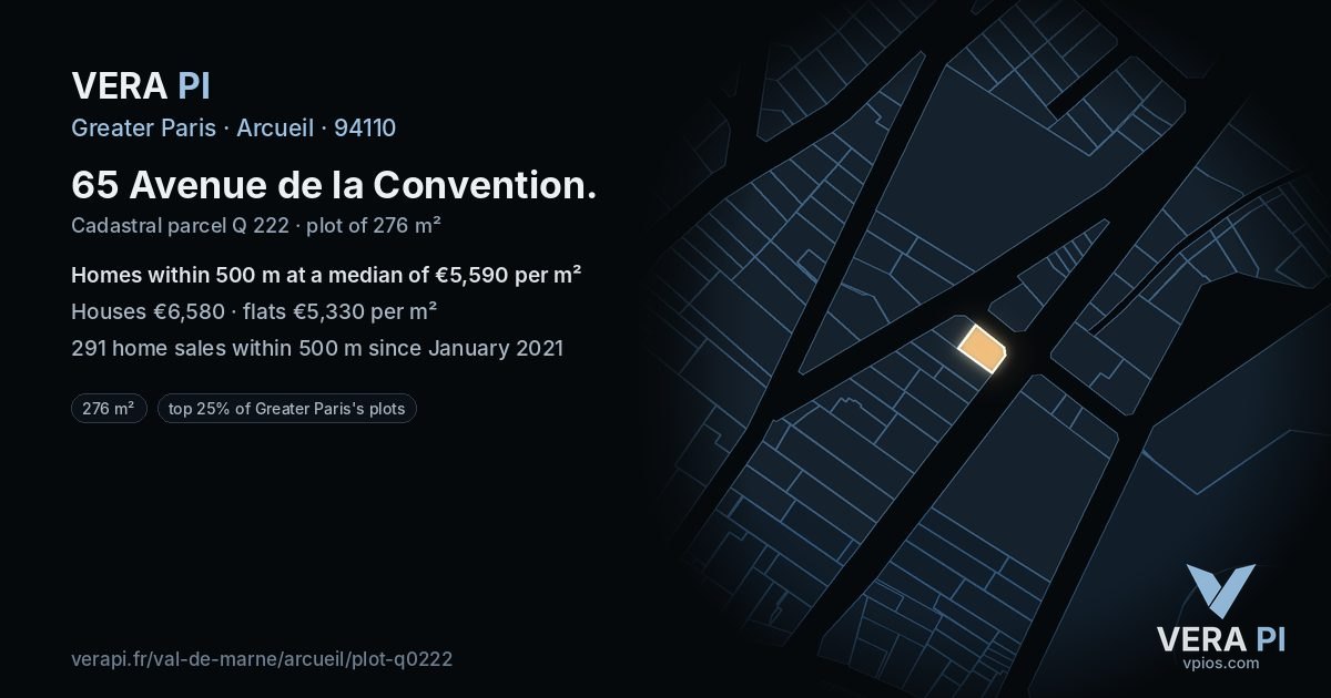 65 Avenue de la Convention, Arcueil at night – the plot lit, the parcels around coloured by the prices near them