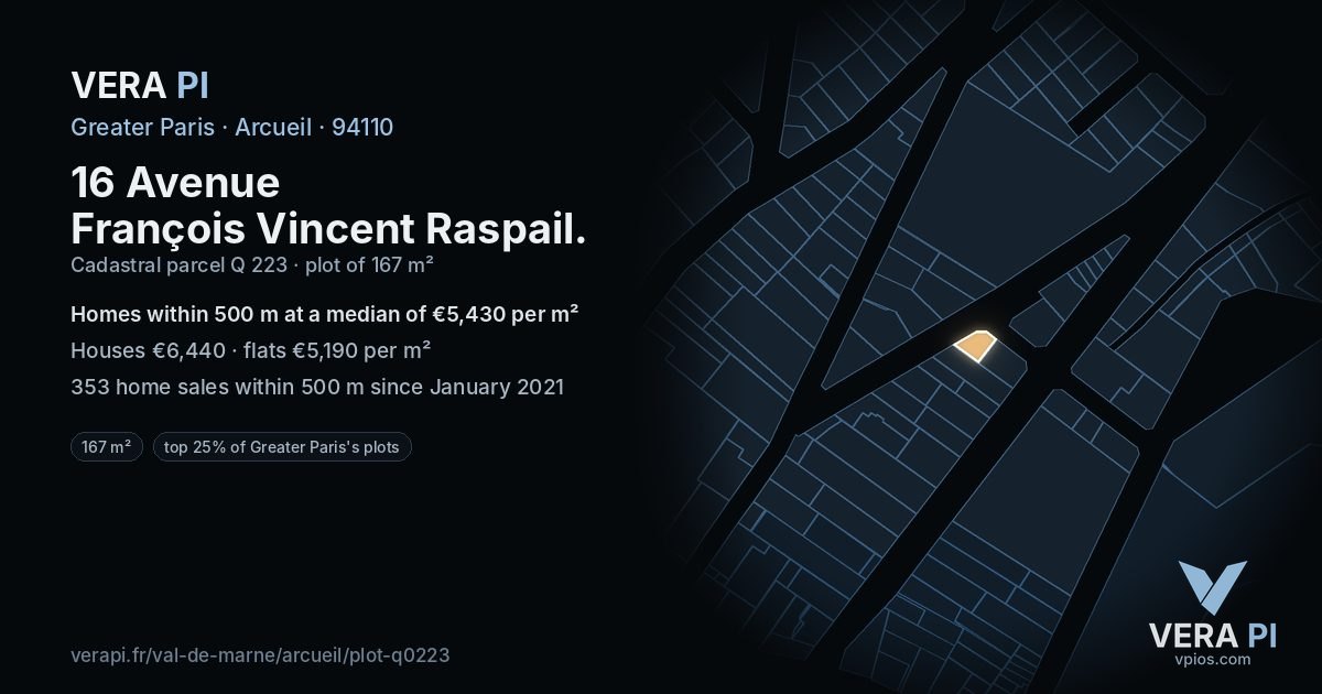 16 Avenue François Vincent Raspail, Arcueil at night – the plot lit, the parcels around coloured by the prices near them