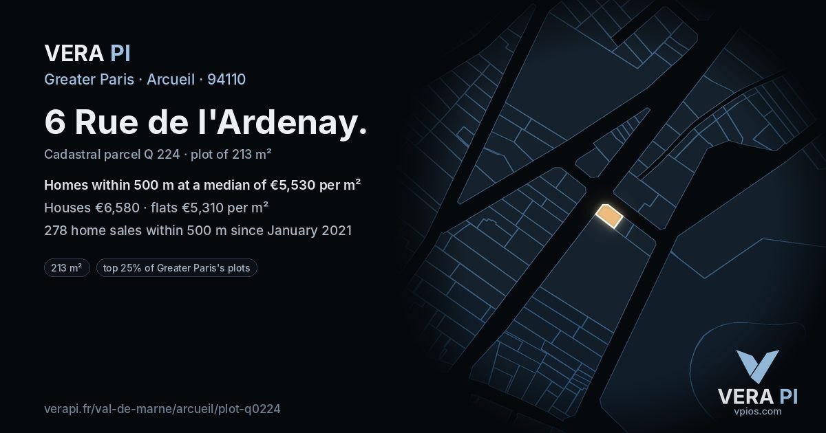 6 Rue de l'Ardenay, Arcueil at night – the plot lit, the parcels around coloured by the prices near them