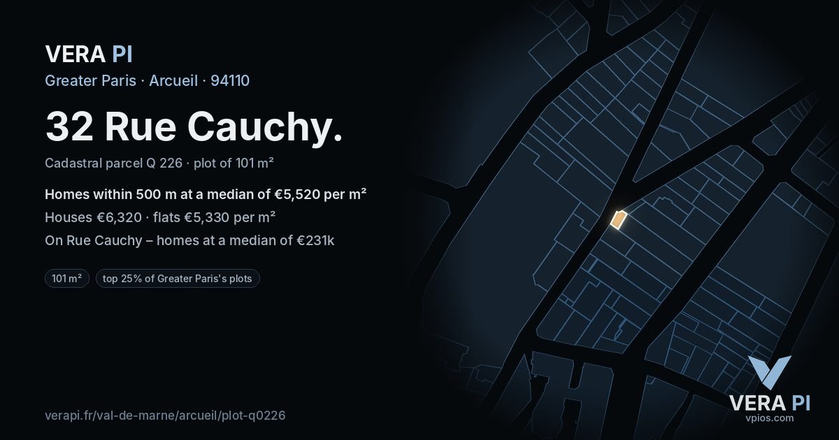32 Rue Cauchy, Arcueil at night – the plot lit, the parcels around coloured by the prices near them