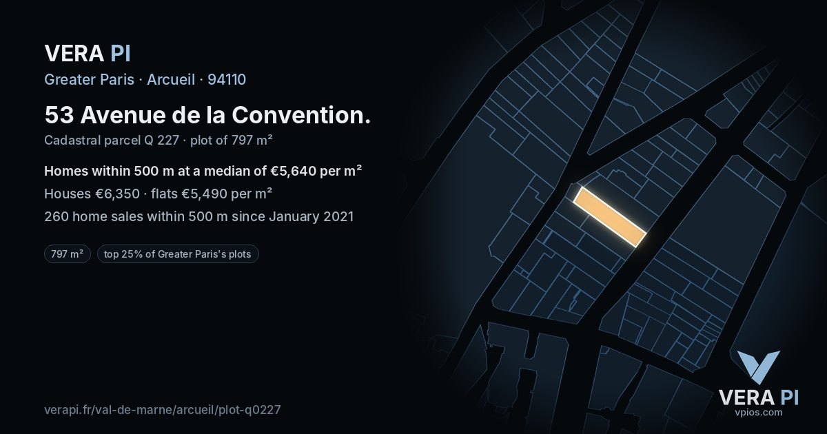 53 Avenue de la Convention, Arcueil at night – the plot lit, the parcels around coloured by the prices near them