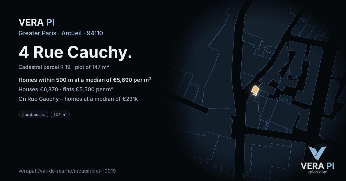 4 Rue Cauchy, Arcueil at night – the plot lit, the parcels around coloured by the prices near them