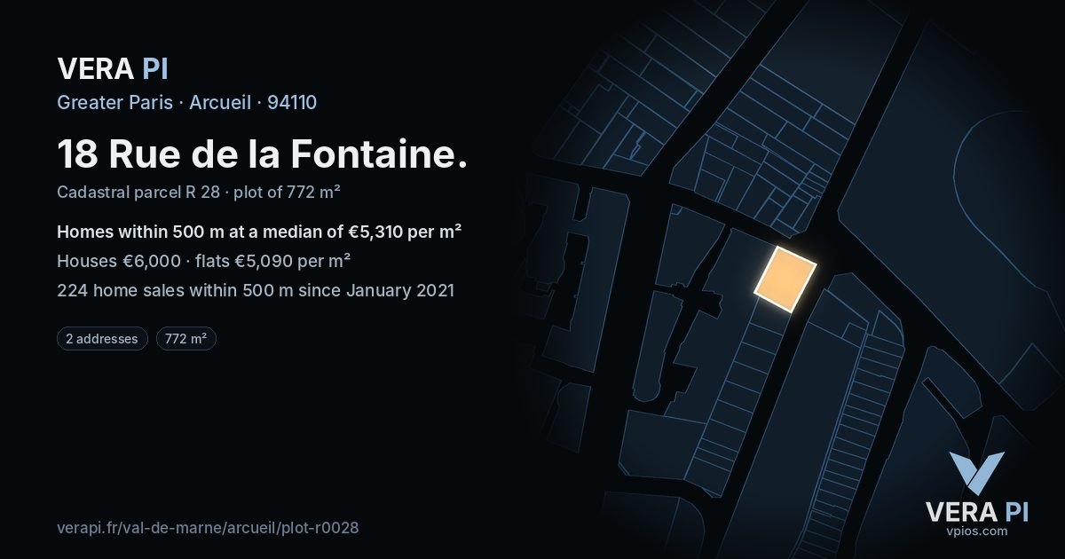 18 Rue de la Fontaine, Arcueil at night – the plot lit, the parcels around coloured by the prices near them