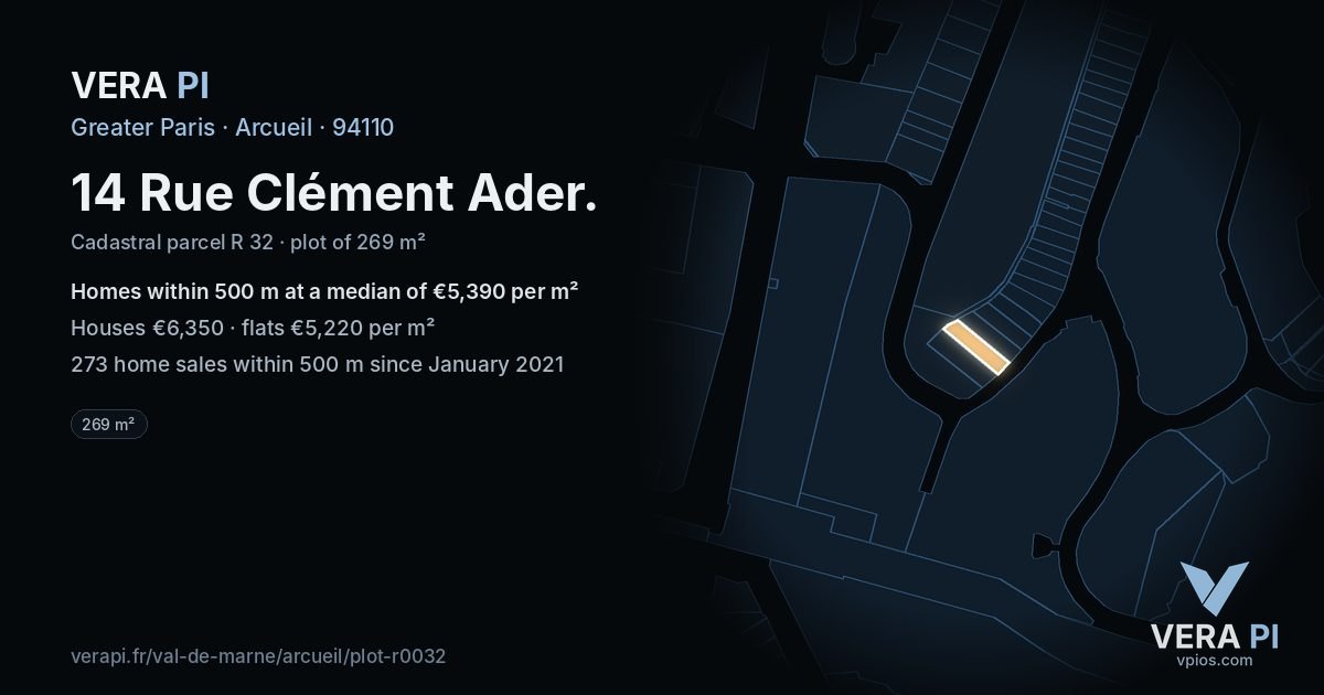 14 Rue Clément Ader, Arcueil at night – the plot lit, the parcels around coloured by the prices near them