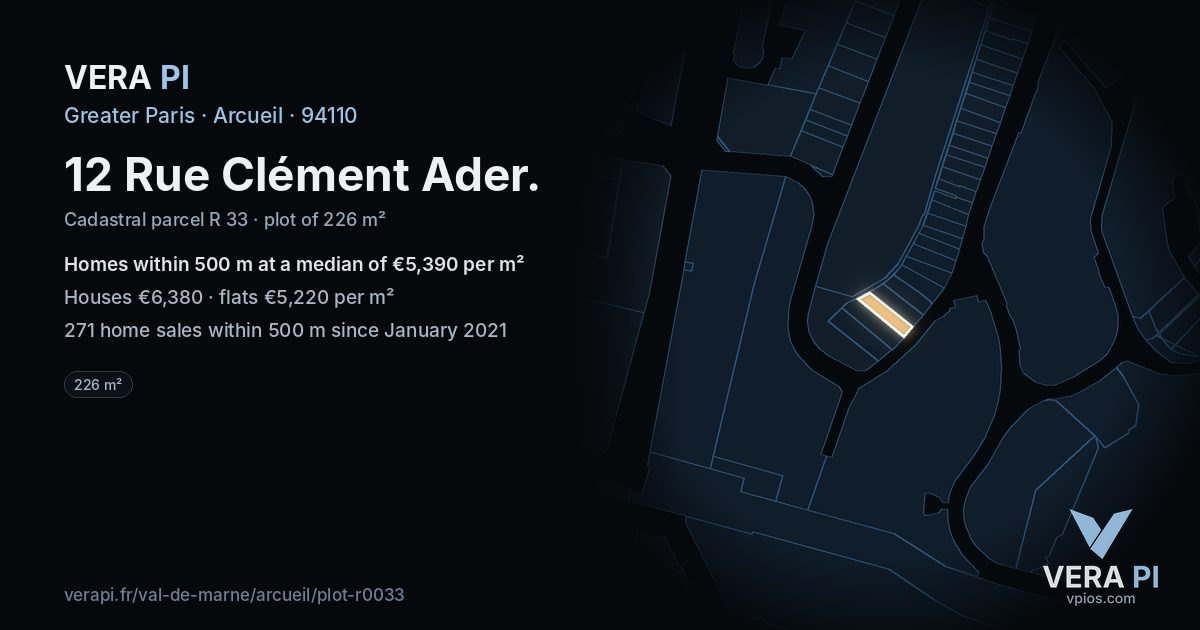 12 Rue Clément Ader, Arcueil at night – the plot lit, the parcels around coloured by the prices near them