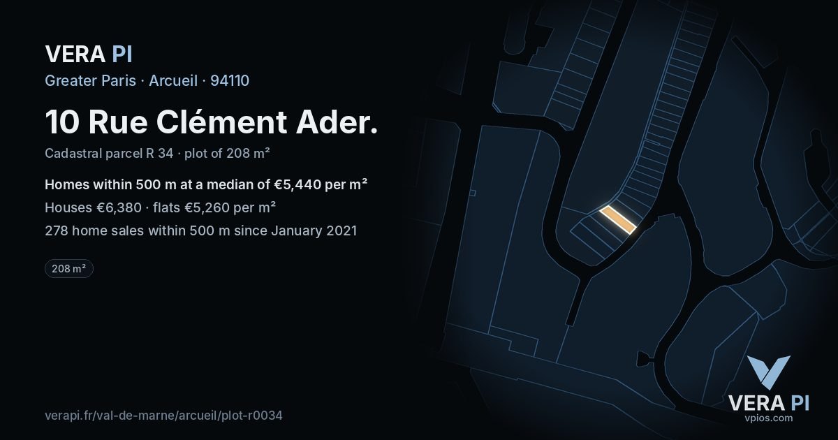 10 Rue Clément Ader, Arcueil at night – the plot lit, the parcels around coloured by the prices near them
