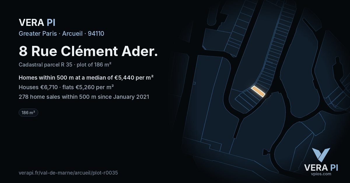 8 Rue Clément Ader, Arcueil at night – the plot lit, the parcels around coloured by the prices near them