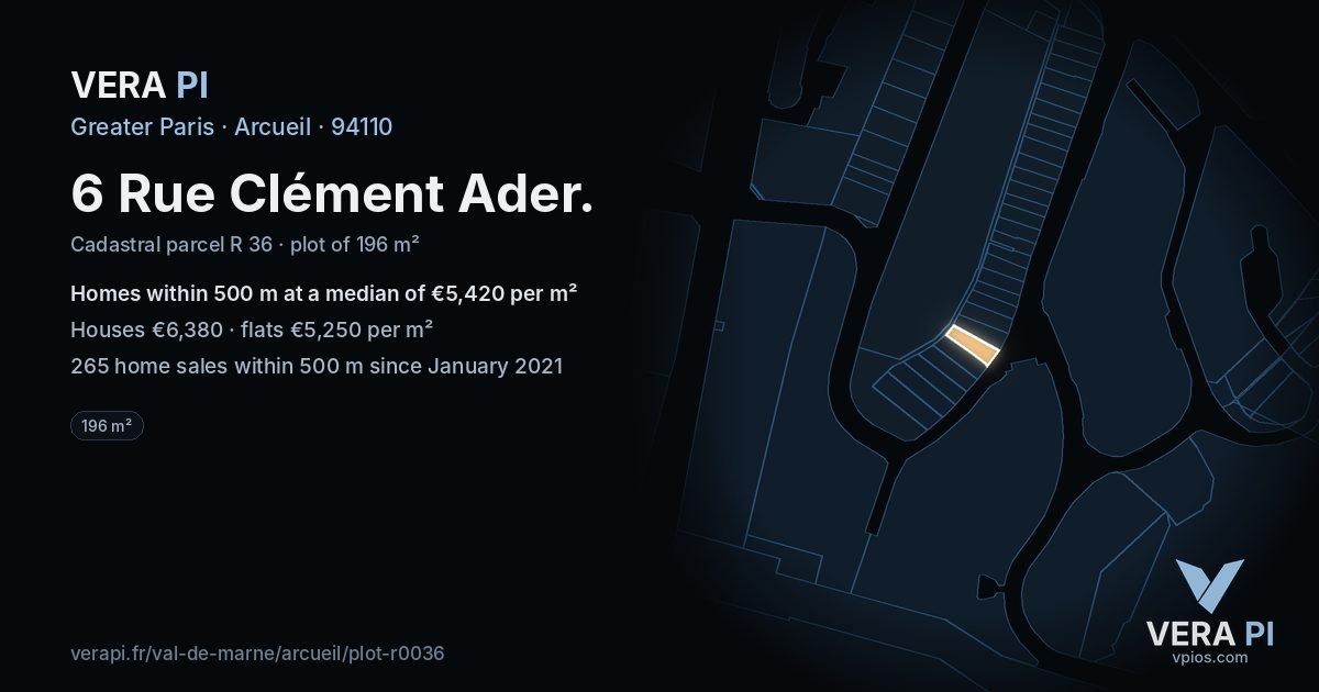 6 Rue Clément Ader, Arcueil at night – the plot lit, the parcels around coloured by the prices near them