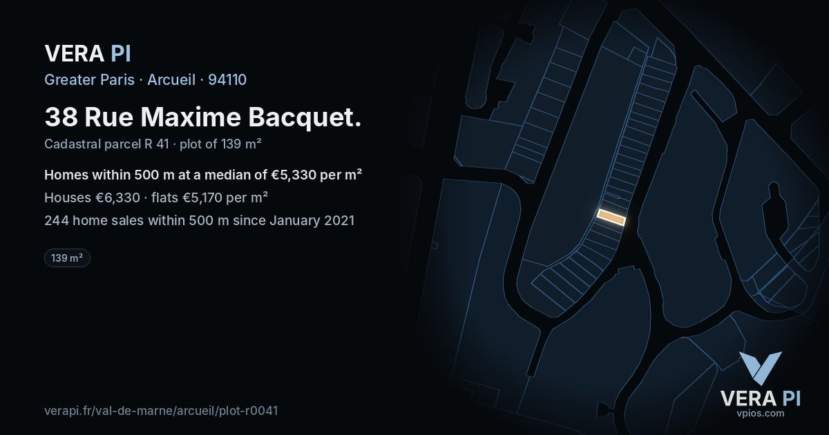 38 Rue Maxime Bacquet, Arcueil at night – the plot lit, the parcels around coloured by the prices near them