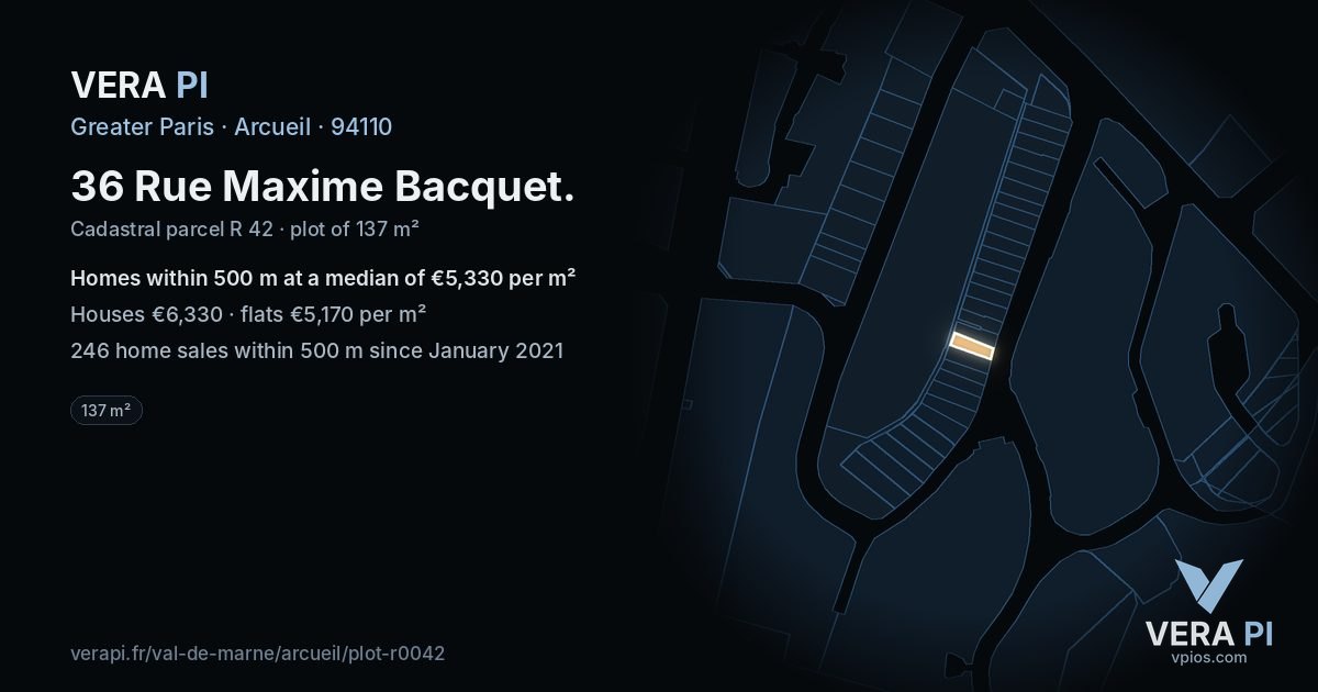 36 Rue Maxime Bacquet, Arcueil at night – the plot lit, the parcels around coloured by the prices near them