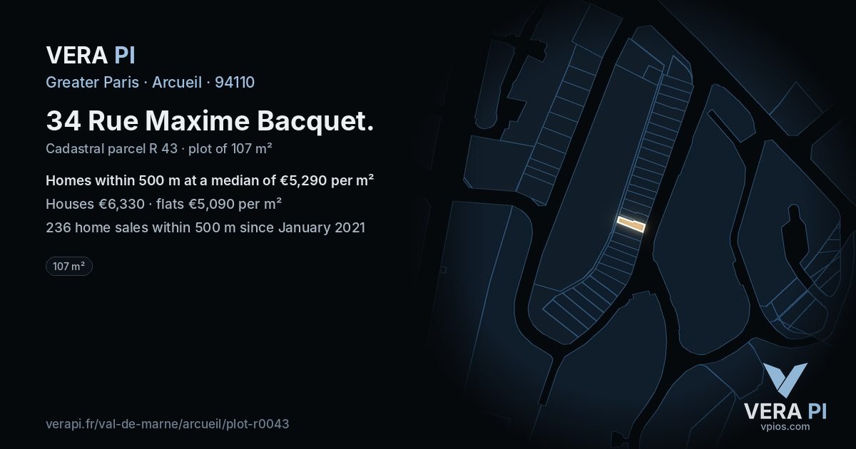 34 Rue Maxime Bacquet, Arcueil at night – the plot lit, the parcels around coloured by the prices near them