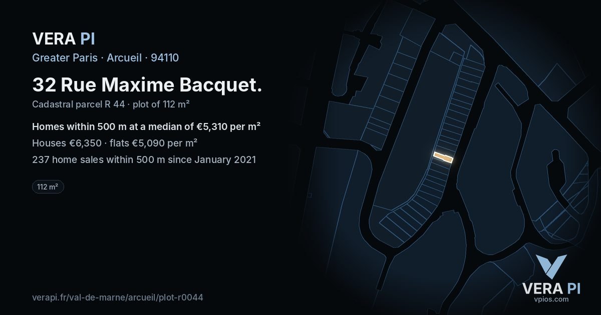 32 Rue Maxime Bacquet, Arcueil at night – the plot lit, the parcels around coloured by the prices near them