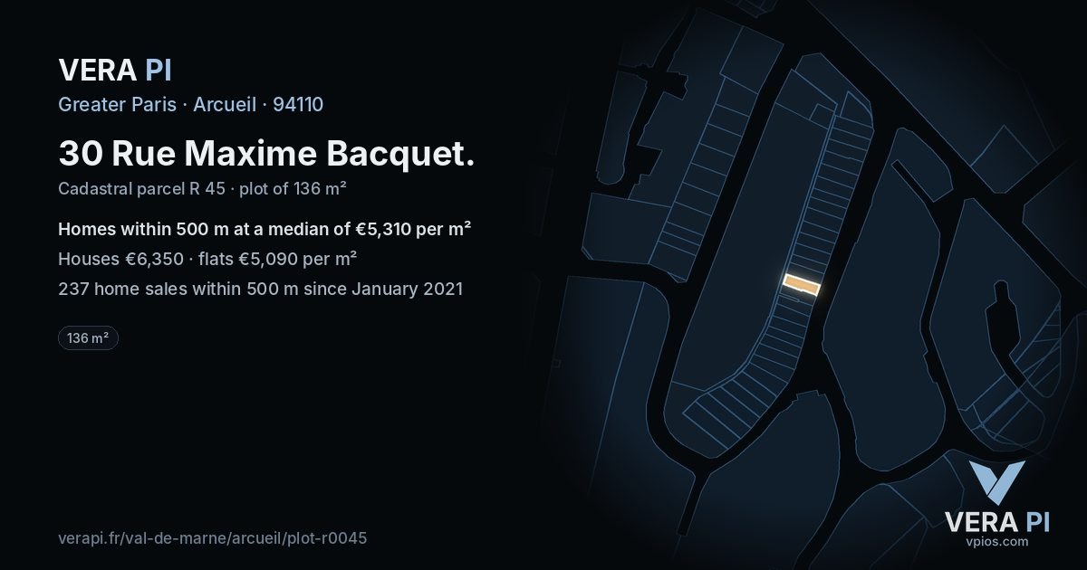 30 Rue Maxime Bacquet, Arcueil at night – the plot lit, the parcels around coloured by the prices near them