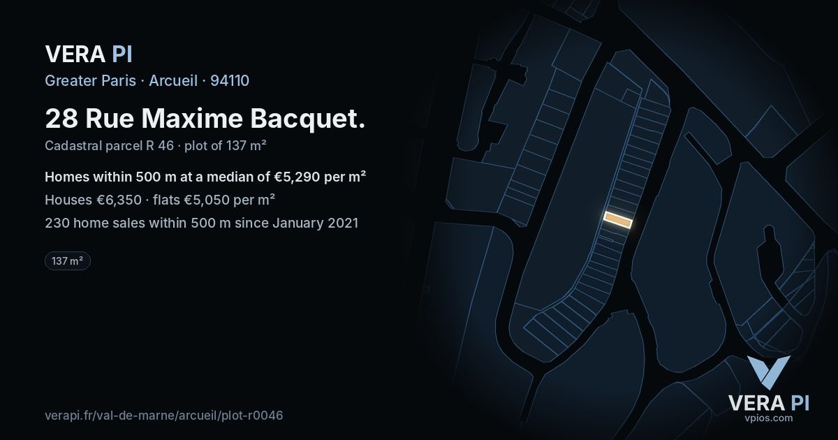 28 Rue Maxime Bacquet, Arcueil at night – the plot lit, the parcels around coloured by the prices near them