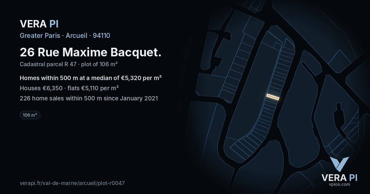 26 Rue Maxime Bacquet, Arcueil at night – the plot lit, the parcels around coloured by the prices near them
