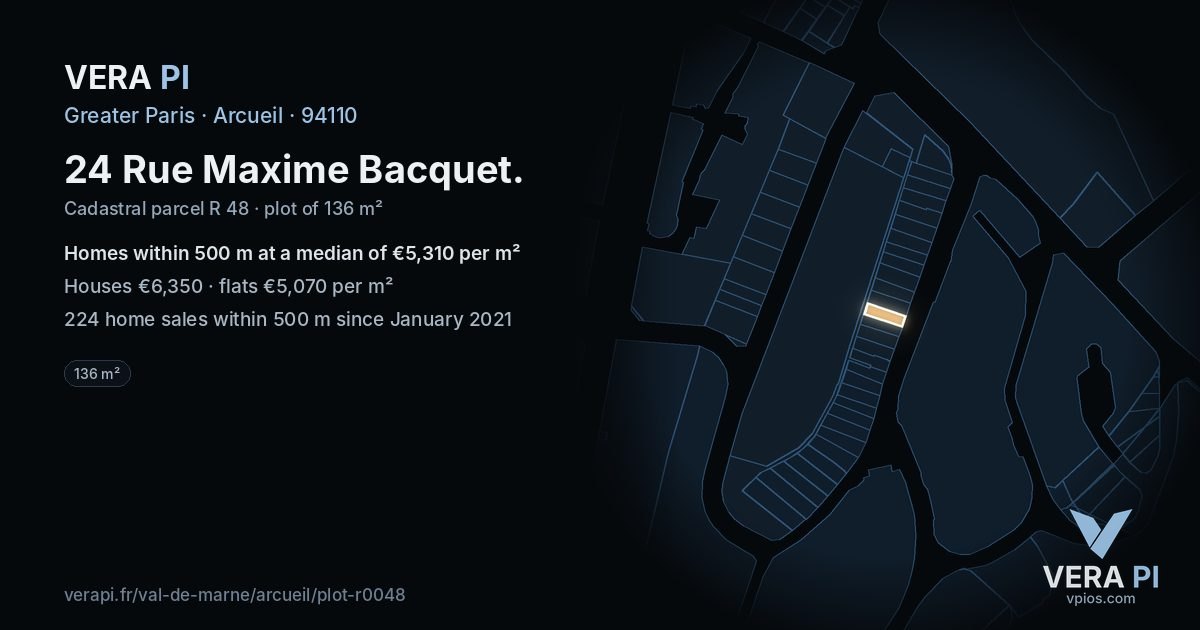 24 Rue Maxime Bacquet, Arcueil at night – the plot lit, the parcels around coloured by the prices near them