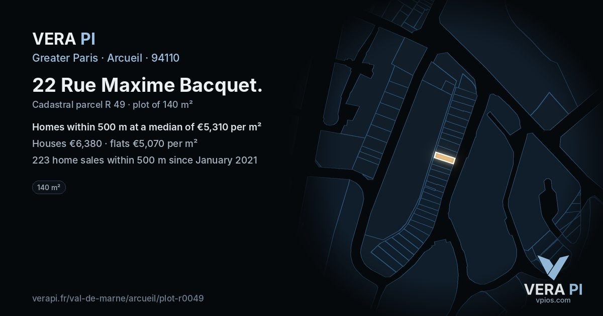 22 Rue Maxime Bacquet, Arcueil at night – the plot lit, the parcels around coloured by the prices near them