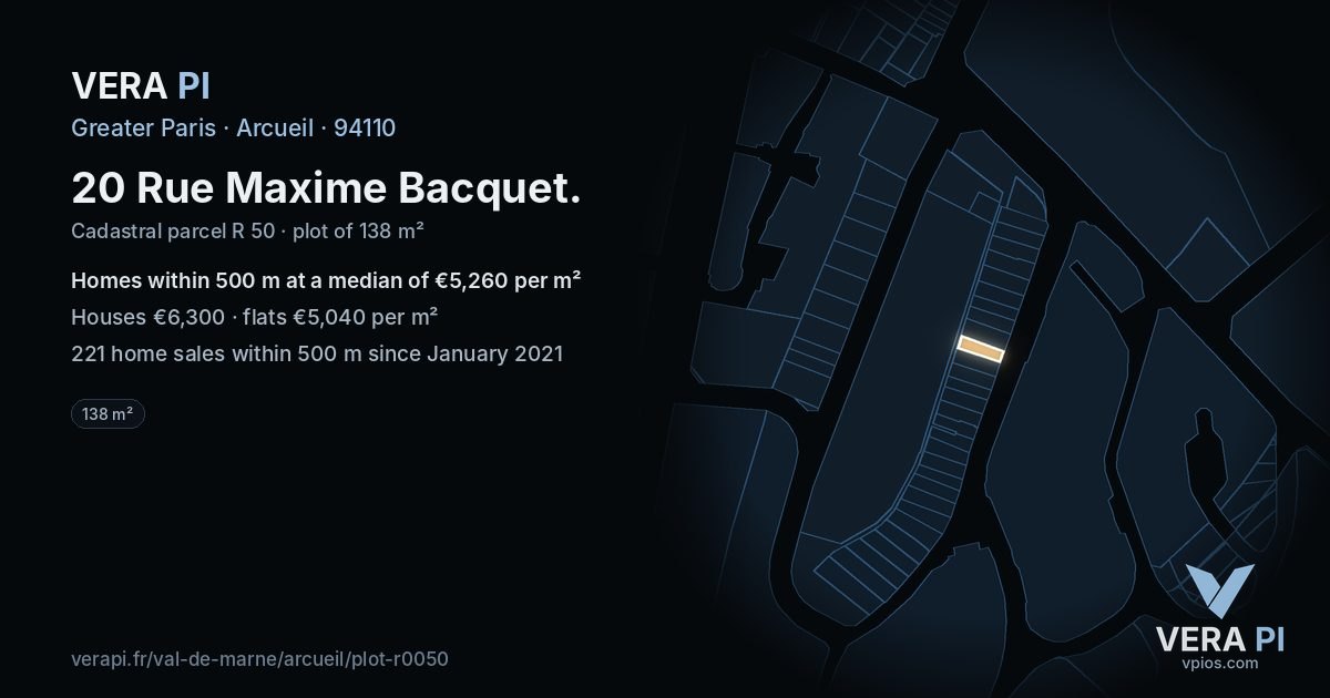 20 Rue Maxime Bacquet, Arcueil at night – the plot lit, the parcels around coloured by the prices near them