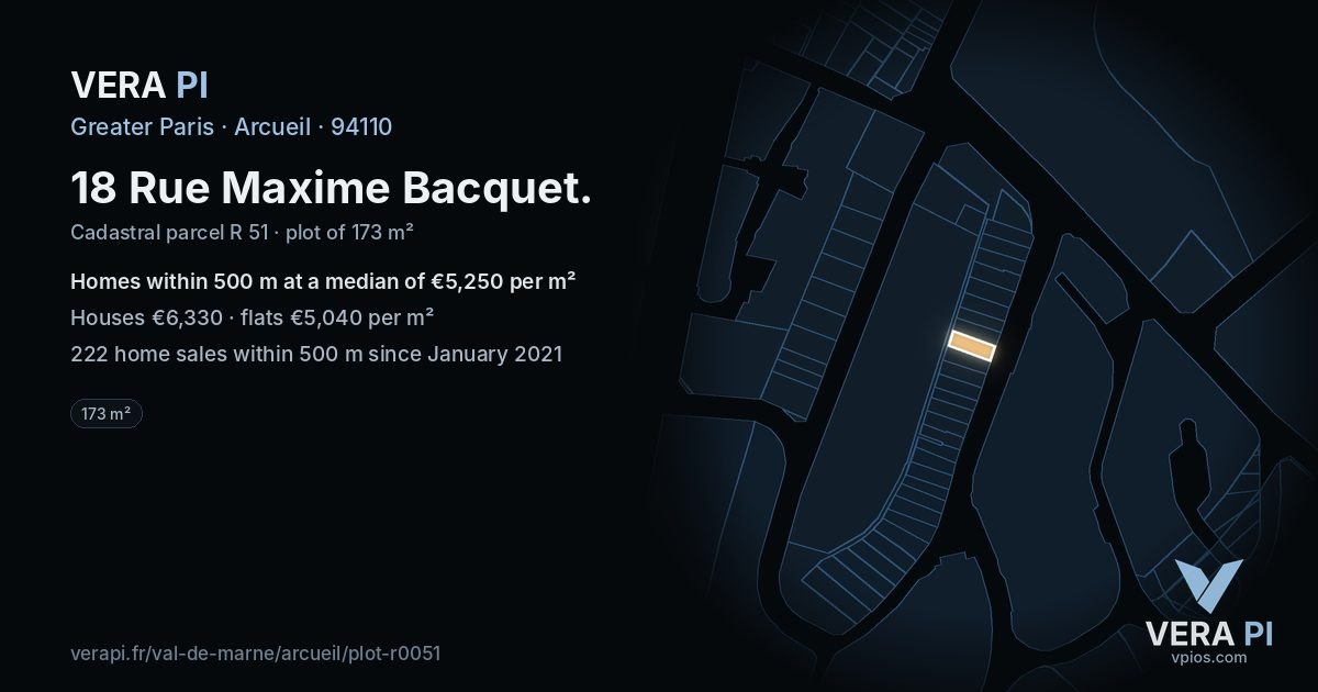 18 Rue Maxime Bacquet, Arcueil at night – the plot lit, the parcels around coloured by the prices near them