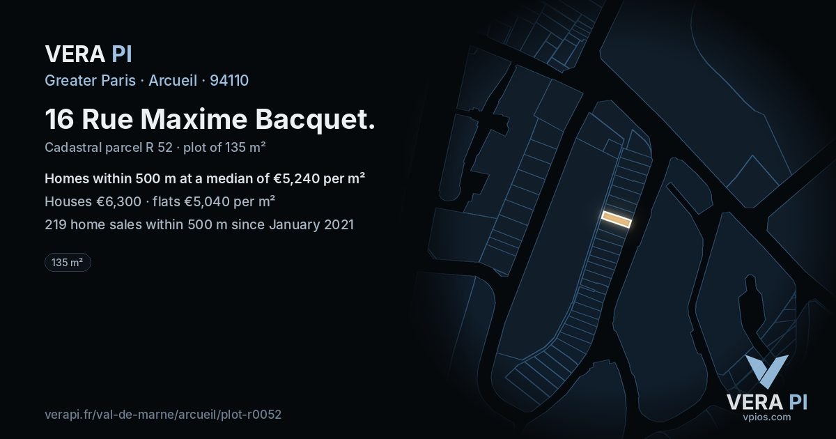 16 Rue Maxime Bacquet, Arcueil at night – the plot lit, the parcels around coloured by the prices near them