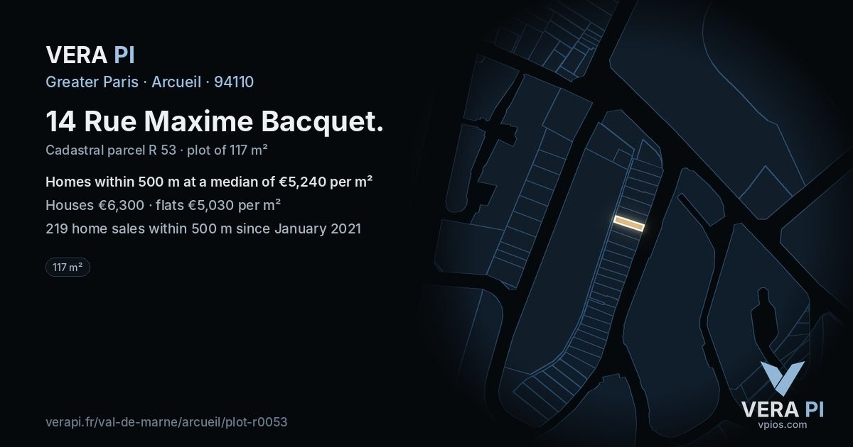 14 Rue Maxime Bacquet, Arcueil at night – the plot lit, the parcels around coloured by the prices near them
