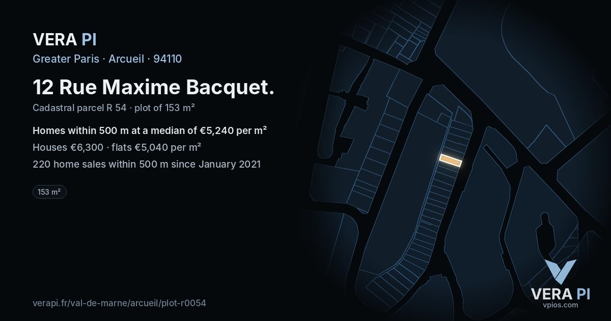 12 Rue Maxime Bacquet, Arcueil at night – the plot lit, the parcels around coloured by the prices near them