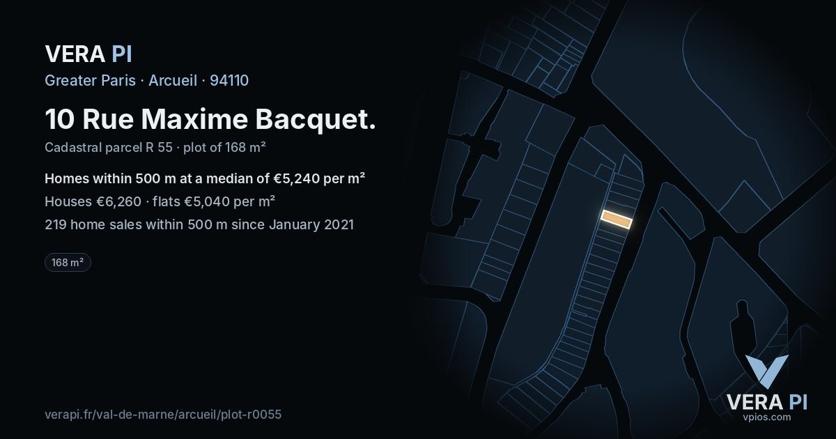 10 Rue Maxime Bacquet, Arcueil at night – the plot lit, the parcels around coloured by the prices near them