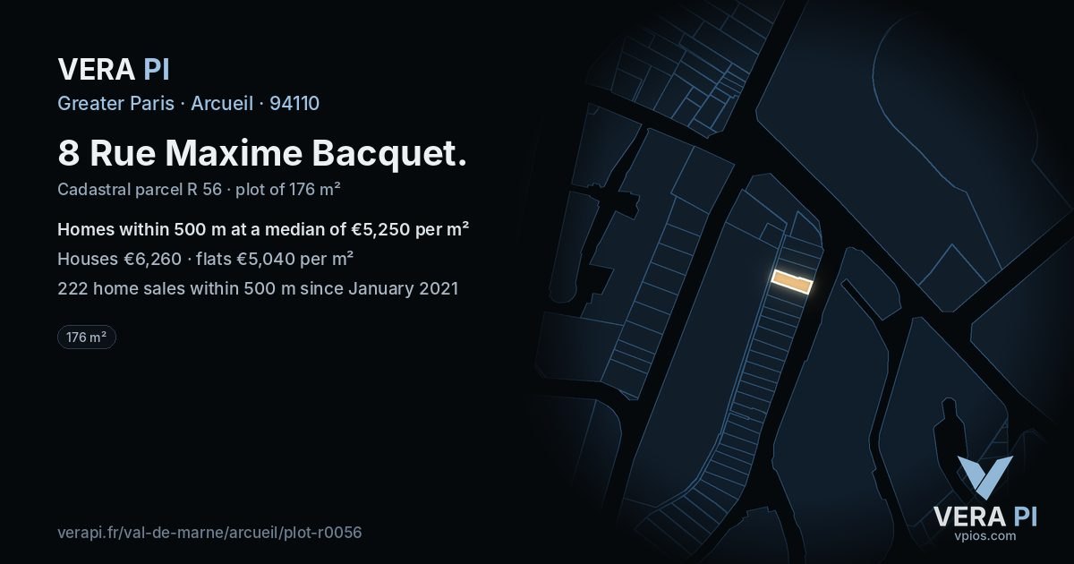 8 Rue Maxime Bacquet, Arcueil at night – the plot lit, the parcels around coloured by the prices near them