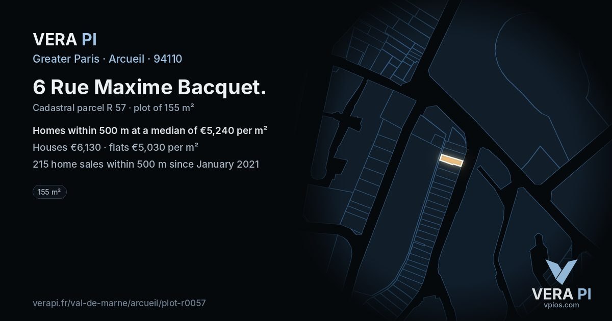 6 Rue Maxime Bacquet, Arcueil at night – the plot lit, the parcels around coloured by the prices near them