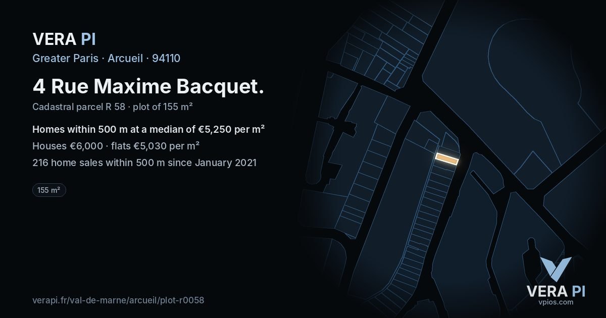 4 Rue Maxime Bacquet, Arcueil at night – the plot lit, the parcels around coloured by the prices near them