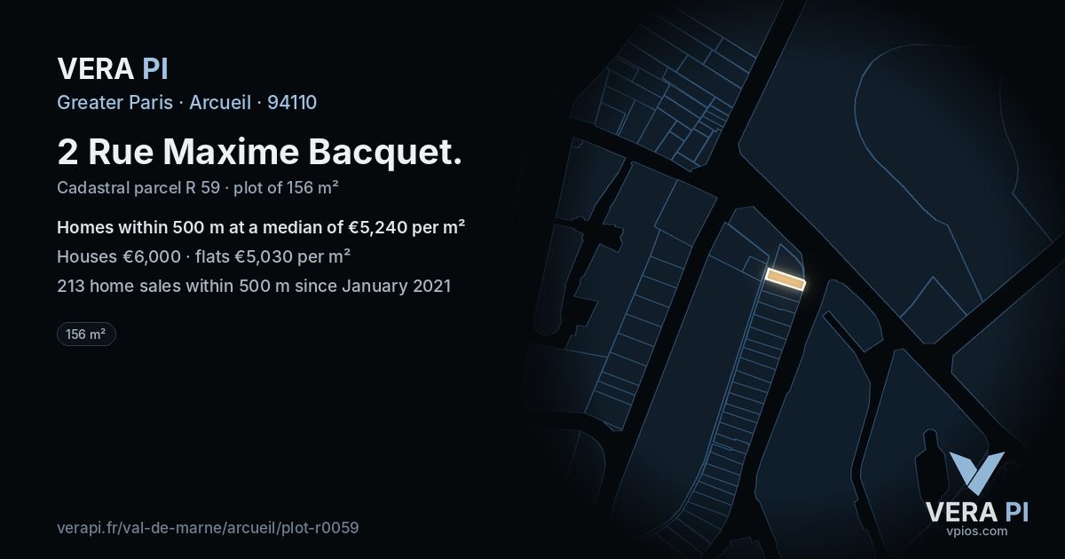 2 Rue Maxime Bacquet, Arcueil at night – the plot lit, the parcels around coloured by the prices near them