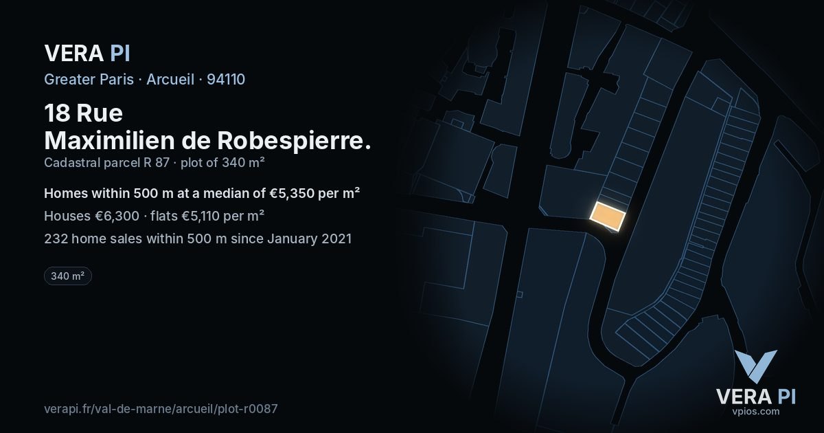 18 Rue Maximilien de Robespierre, Arcueil at night – the plot lit, the parcels around coloured by the prices near them