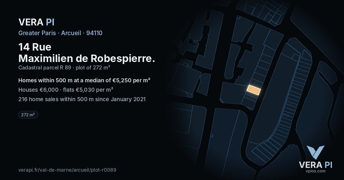 14 Rue Maximilien de Robespierre, Arcueil at night – the plot lit, the parcels around coloured by the prices near them