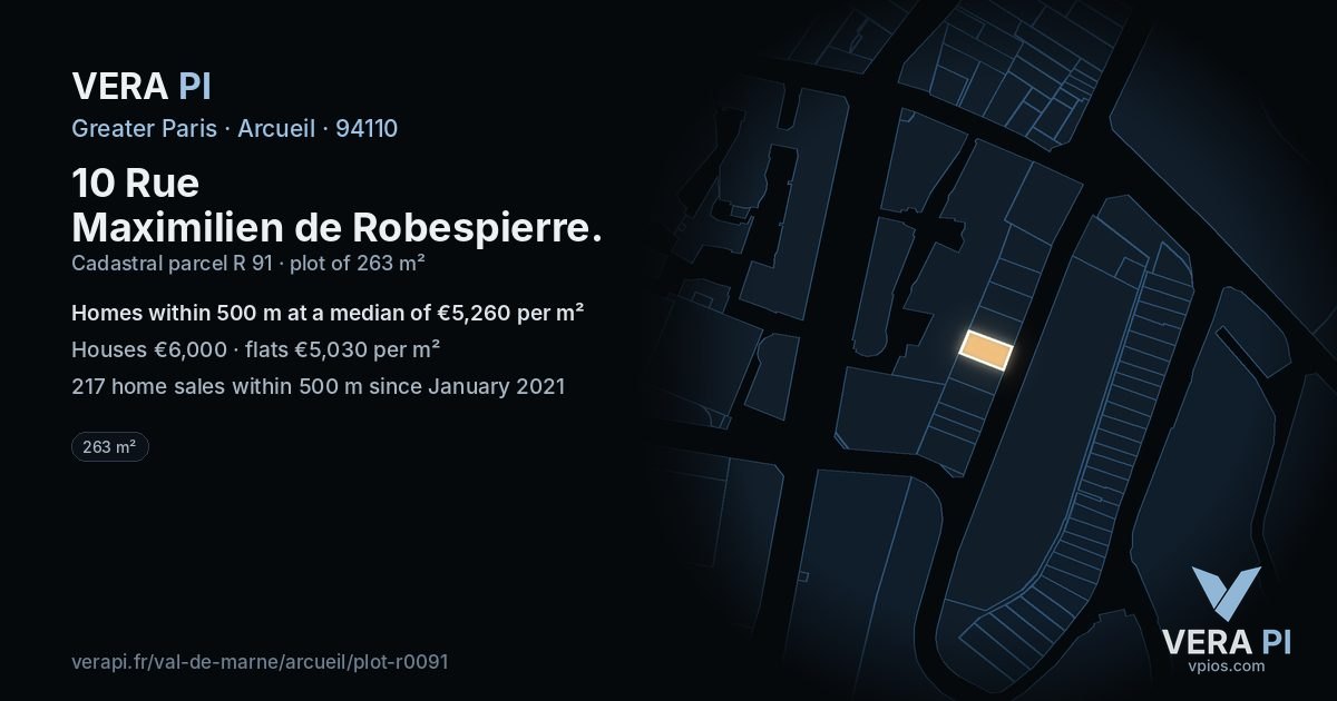 10 Rue Maximilien de Robespierre, Arcueil at night – the plot lit, the parcels around coloured by the prices near them
