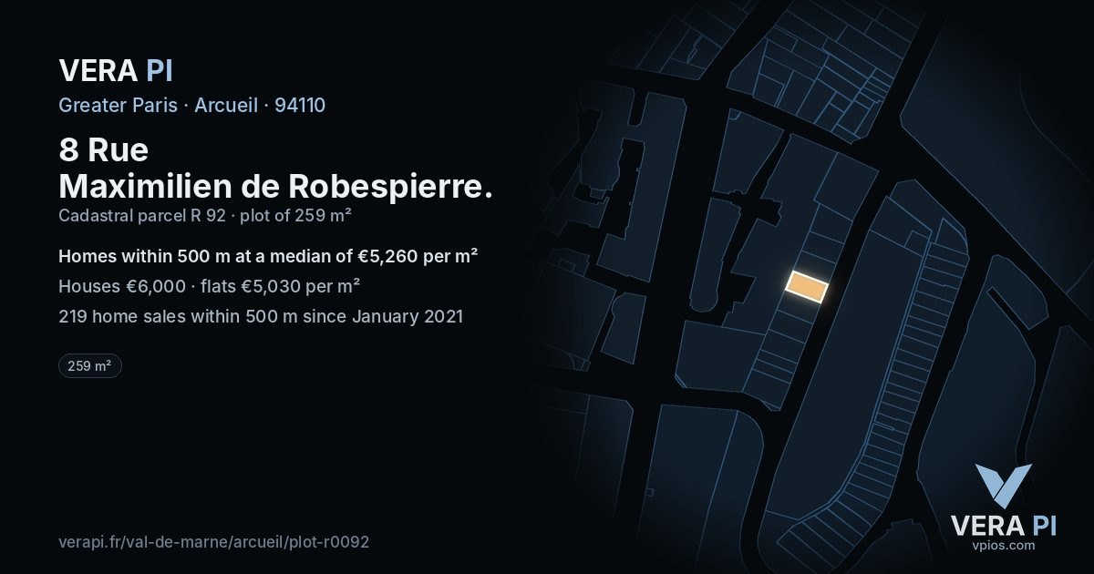 8 Rue Maximilien de Robespierre, Arcueil at night – the plot lit, the parcels around coloured by the prices near them