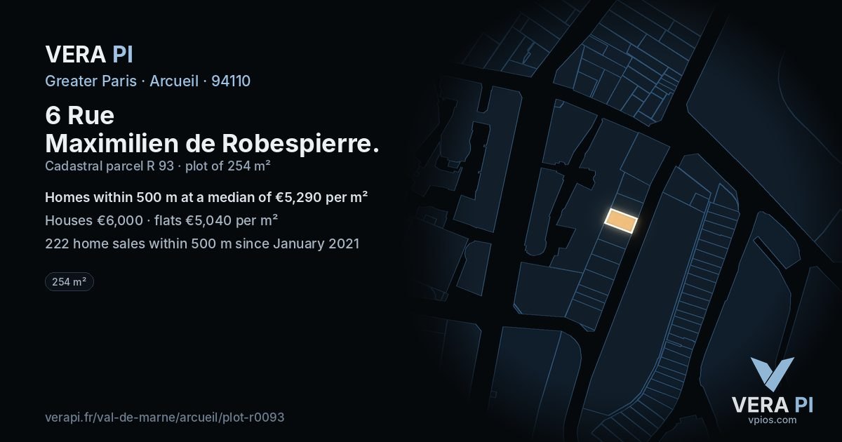 6 Rue Maximilien de Robespierre, Arcueil at night – the plot lit, the parcels around coloured by the prices near them