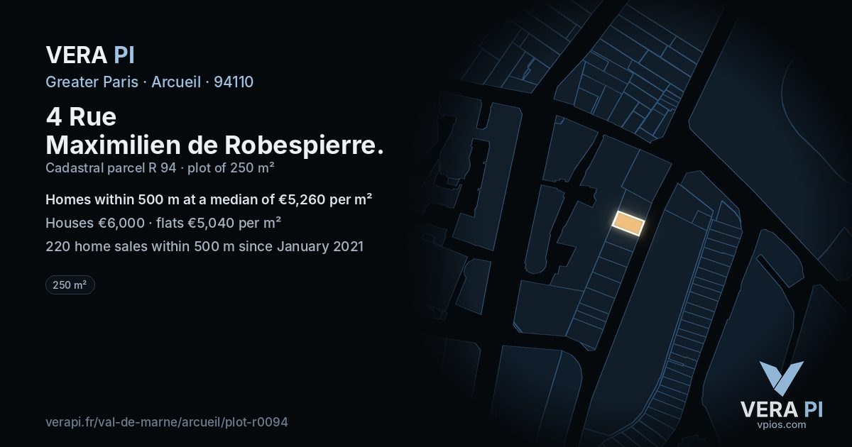 4 Rue Maximilien de Robespierre, Arcueil at night – the plot lit, the parcels around coloured by the prices near them
