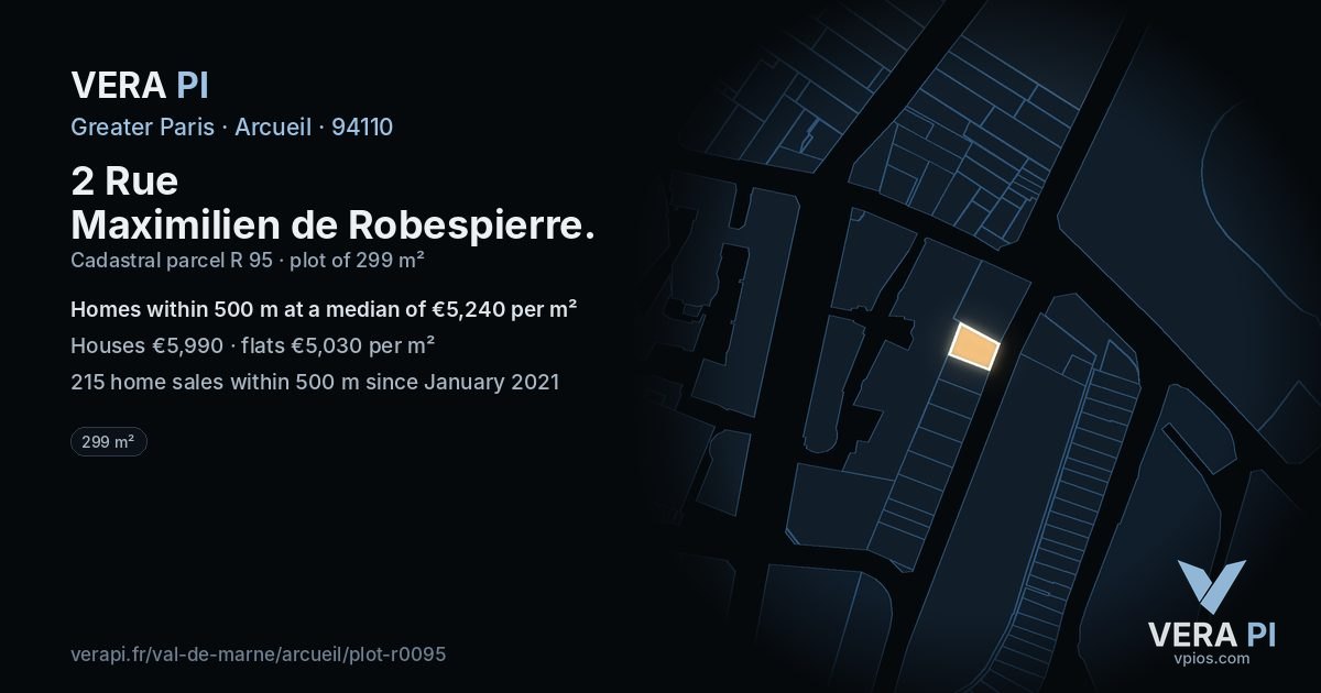 2 Rue Maximilien de Robespierre, Arcueil at night – the plot lit, the parcels around coloured by the prices near them