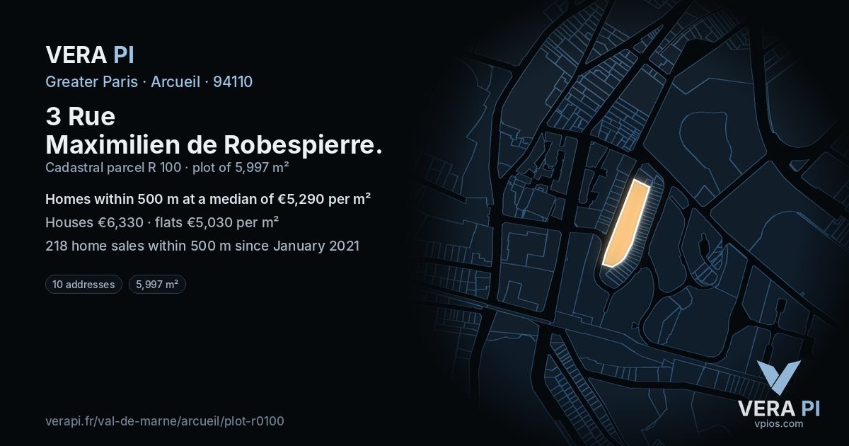 3 Rue Maximilien de Robespierre, Arcueil at night – the plot lit, the parcels around coloured by the prices near them