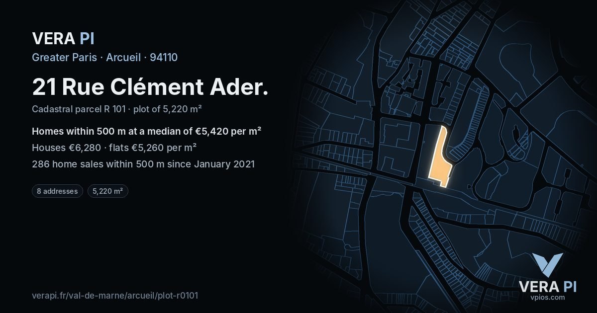 21 Rue Clément Ader, Arcueil at night – the plot lit, the parcels around coloured by the prices near them