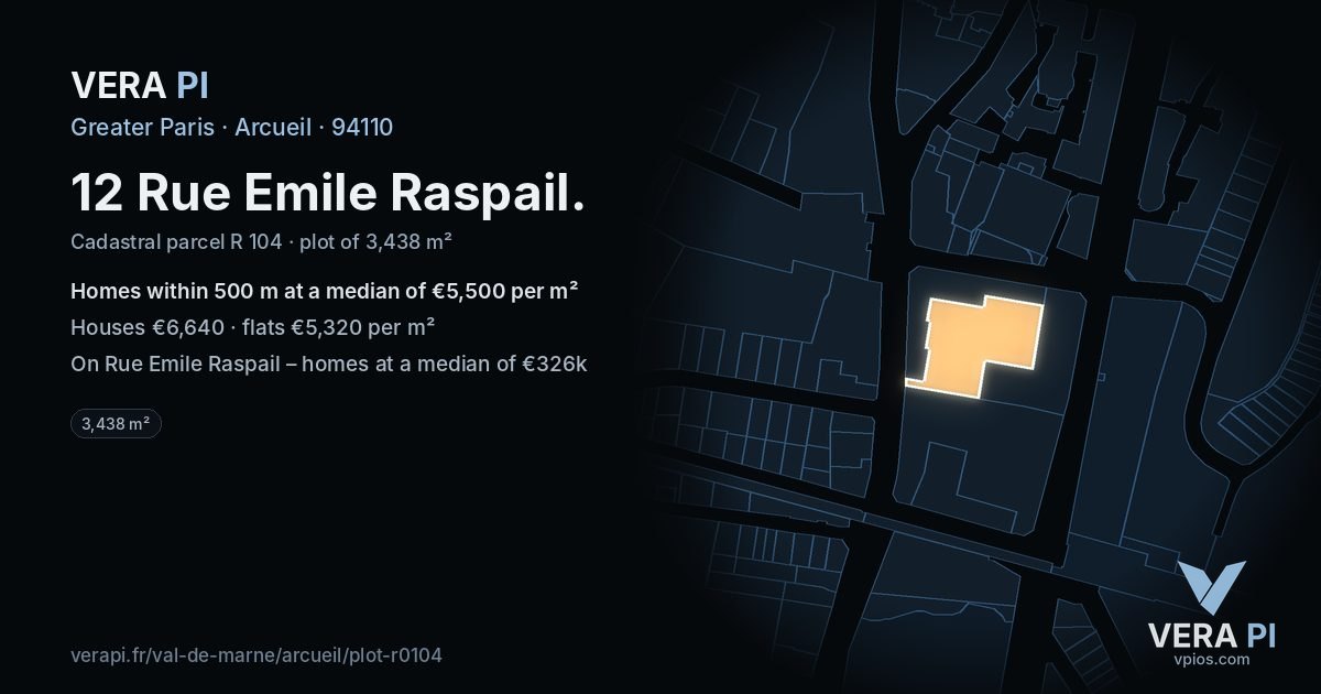 12 Rue Emile Raspail, Arcueil at night – the plot lit, the parcels around coloured by the prices near them