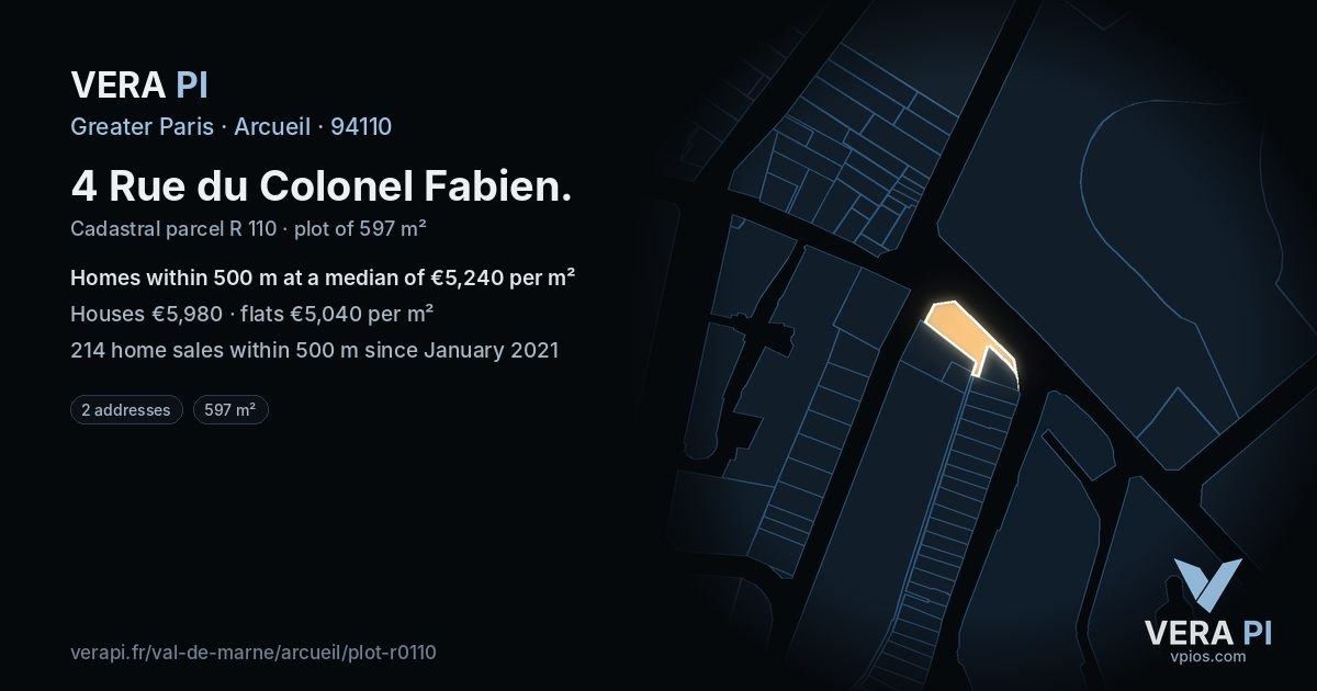 4 Rue du Colonel Fabien, Arcueil at night – the plot lit, the parcels around coloured by the prices near them