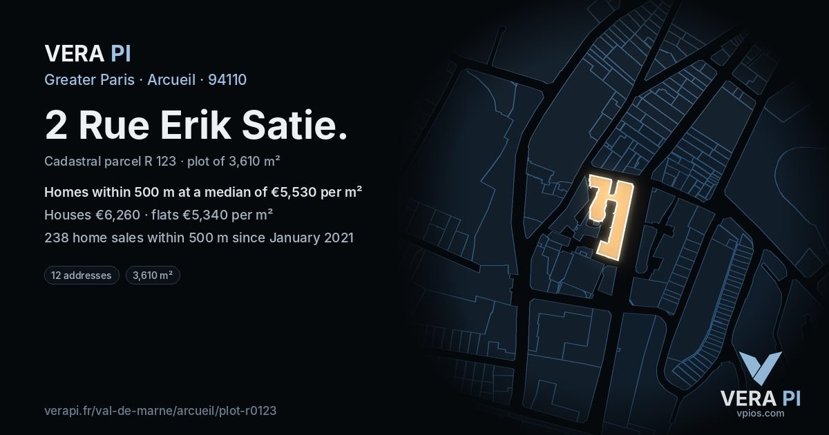 2 Rue Erik Satie, Arcueil at night – the plot lit, the parcels around coloured by the prices near them
