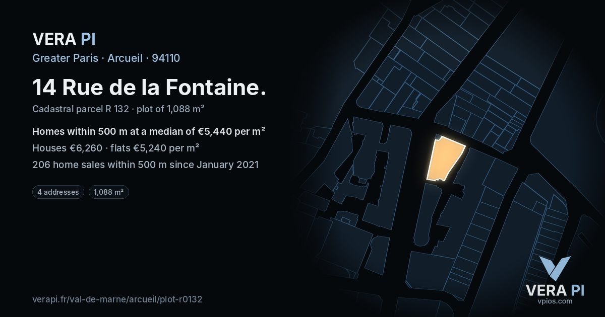 14 Rue de la Fontaine, Arcueil at night – the plot lit, the parcels around coloured by the prices near them