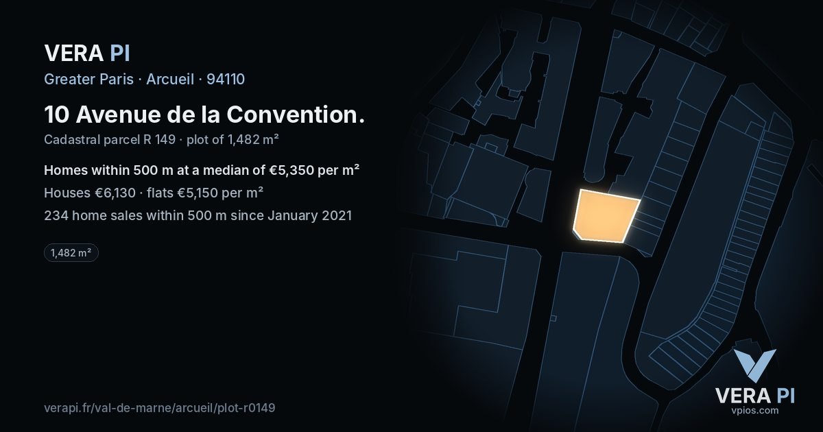 10 Avenue de la Convention, Arcueil at night – the plot lit, the parcels around coloured by the prices near them