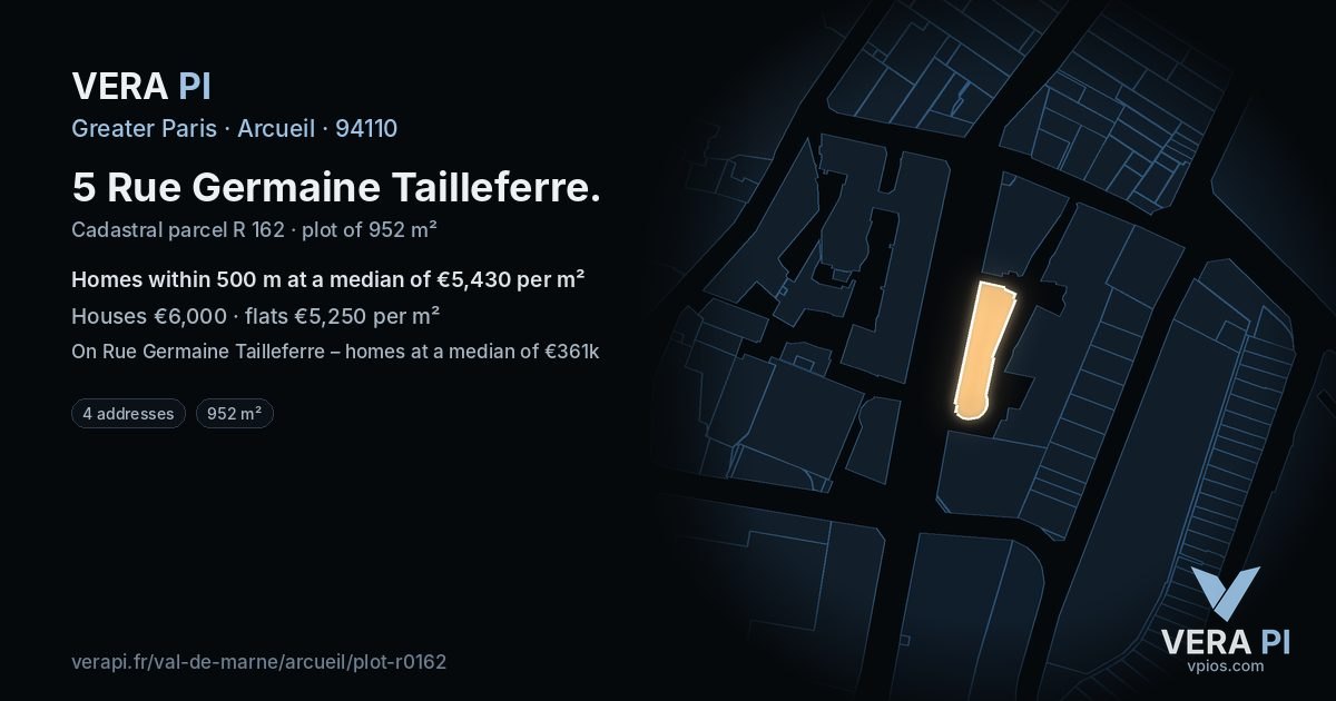 5 Rue Germaine Tailleferre, Arcueil at night – the plot lit, the parcels around coloured by the prices near them