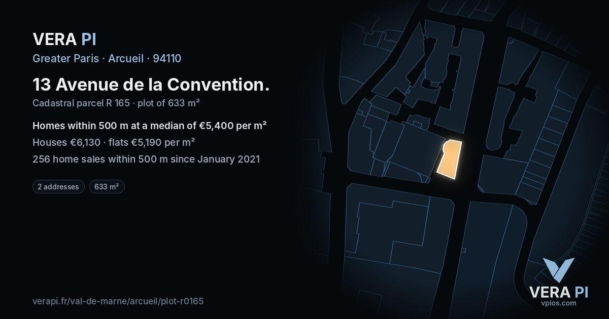 13 Avenue de la Convention, Arcueil at night – the plot lit, the parcels around coloured by the prices near them