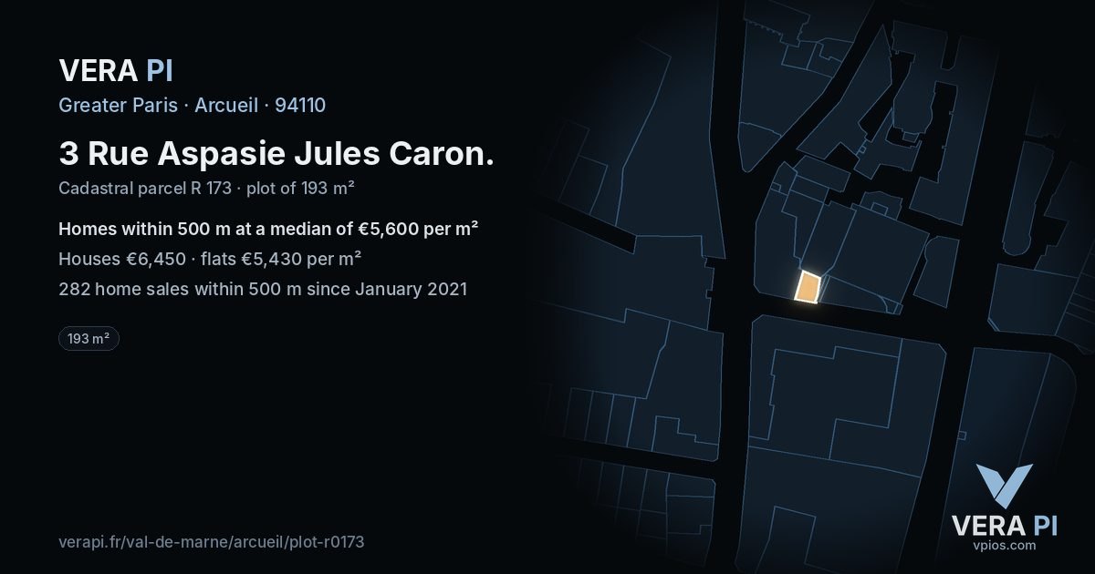 3 Rue Aspasie Jules Caron, Arcueil at night – the plot lit, the parcels around coloured by the prices near them
