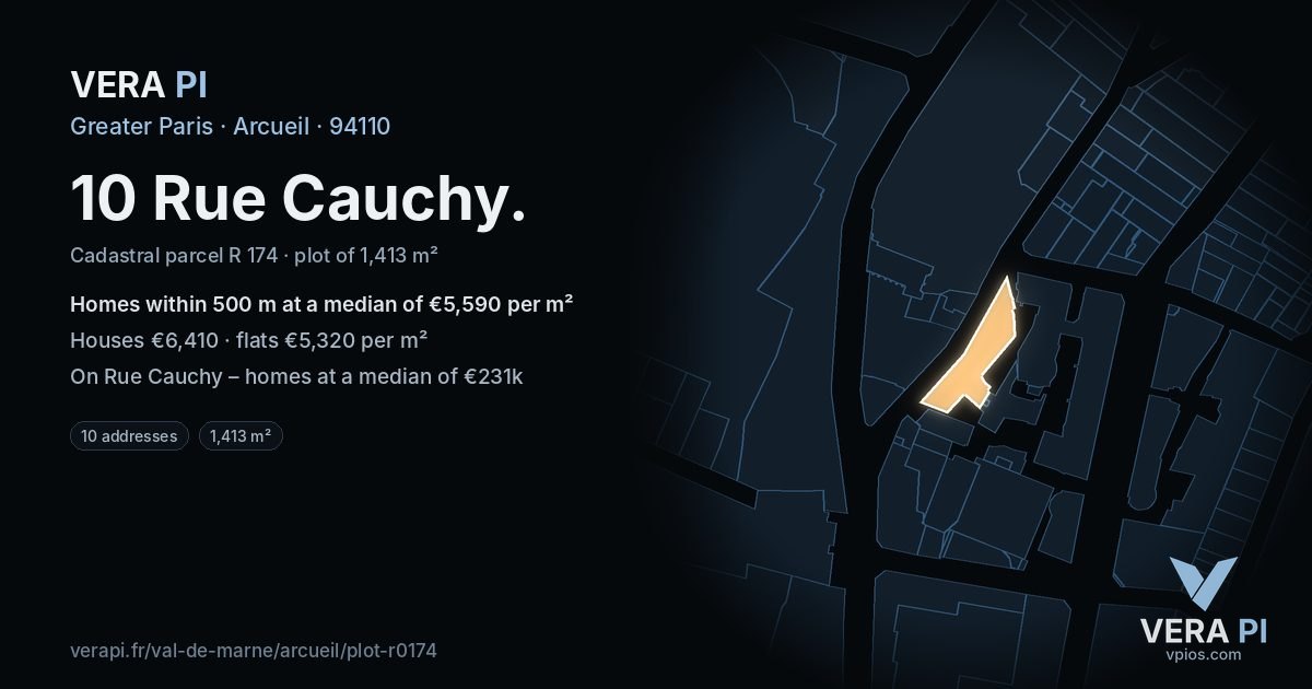 10 Rue Cauchy, Arcueil at night – the plot lit, the parcels around coloured by the prices near them